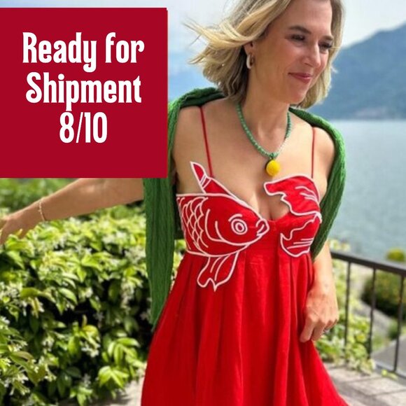 NEW! BEAUTIFUL SOLID KOI FISH PLEATED RED DRESS NEW - Picture 2 of 15